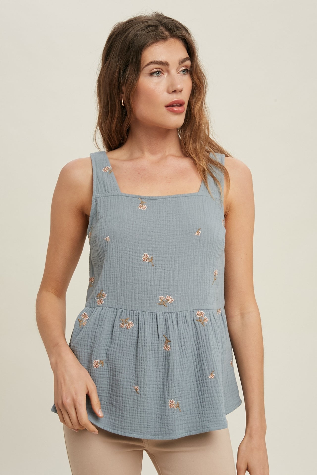 Floral Embroidered Sleeveless Cotton Top
