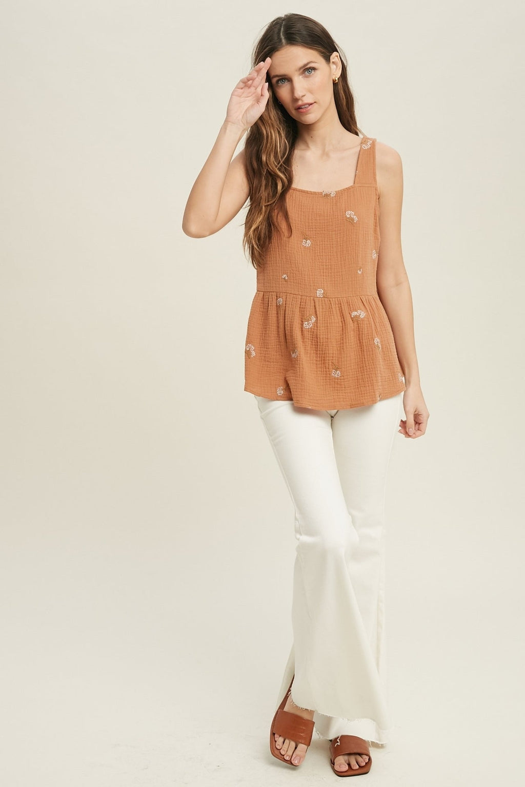 Floral Embroidered Sleeveless Cotton Top