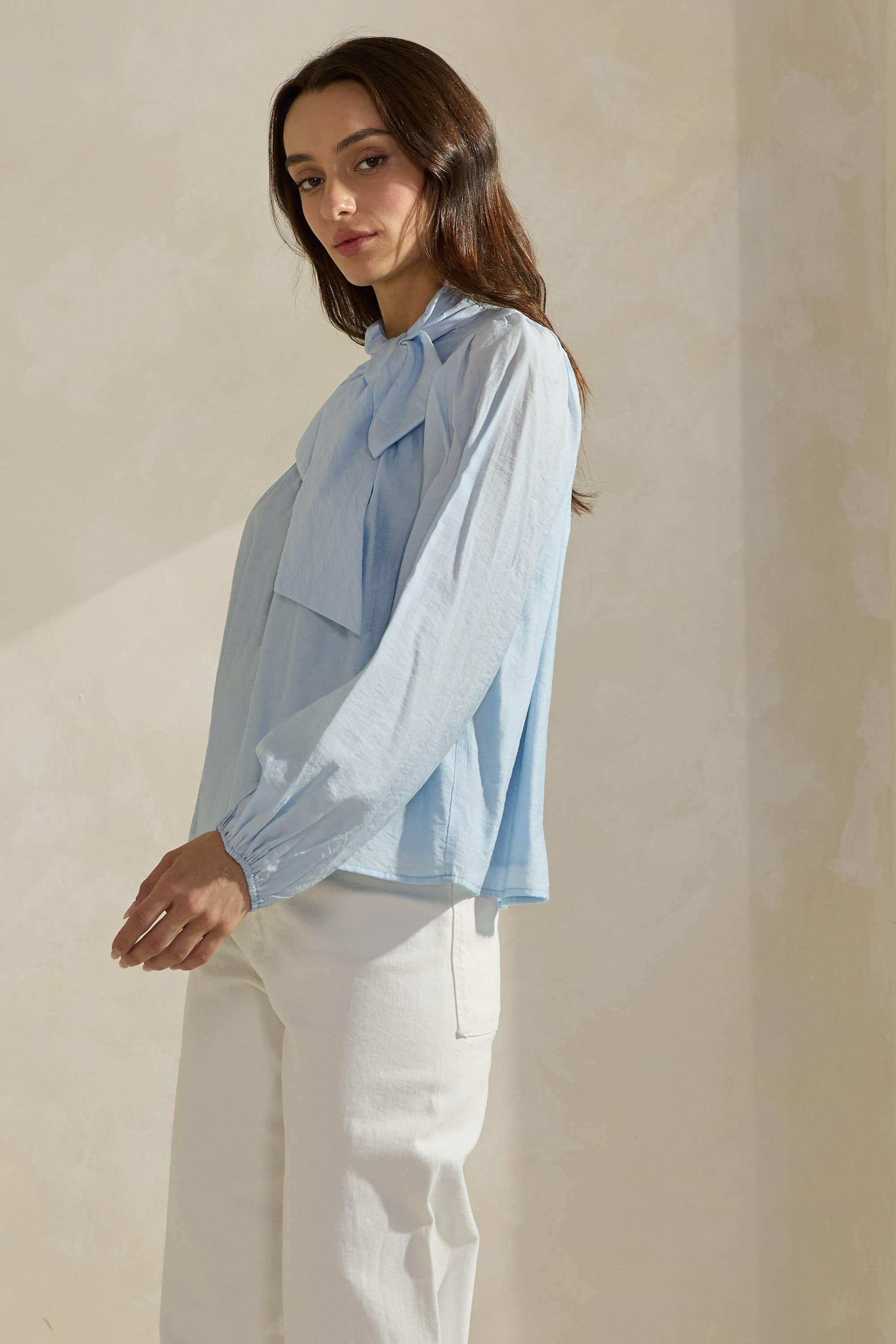 Sky Blue Bow-Tie Neck Cotton Blouse