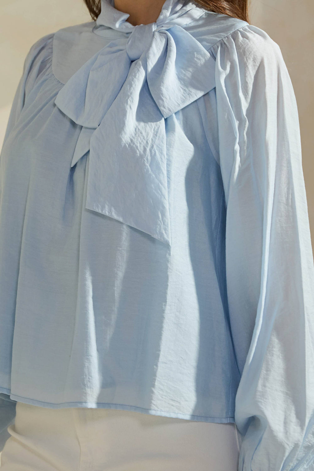 Sky Blue Bow-Tie Neck Cotton Blouse