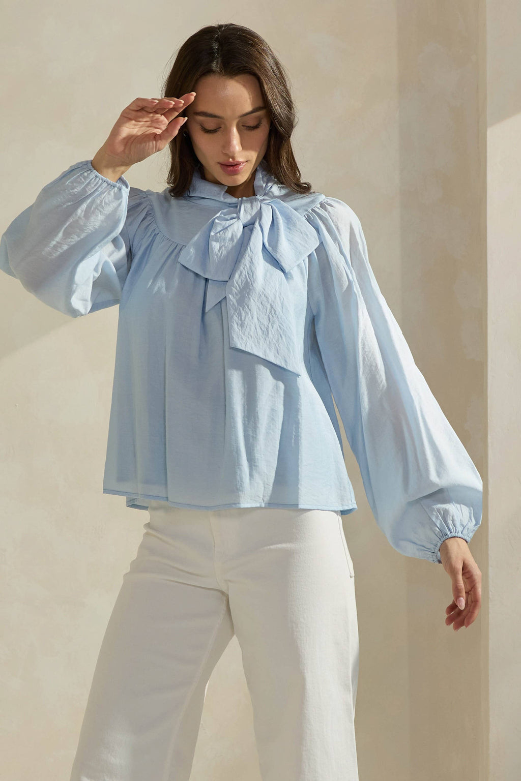 Sky Blue Bow-Tie Neck Cotton Blouse
